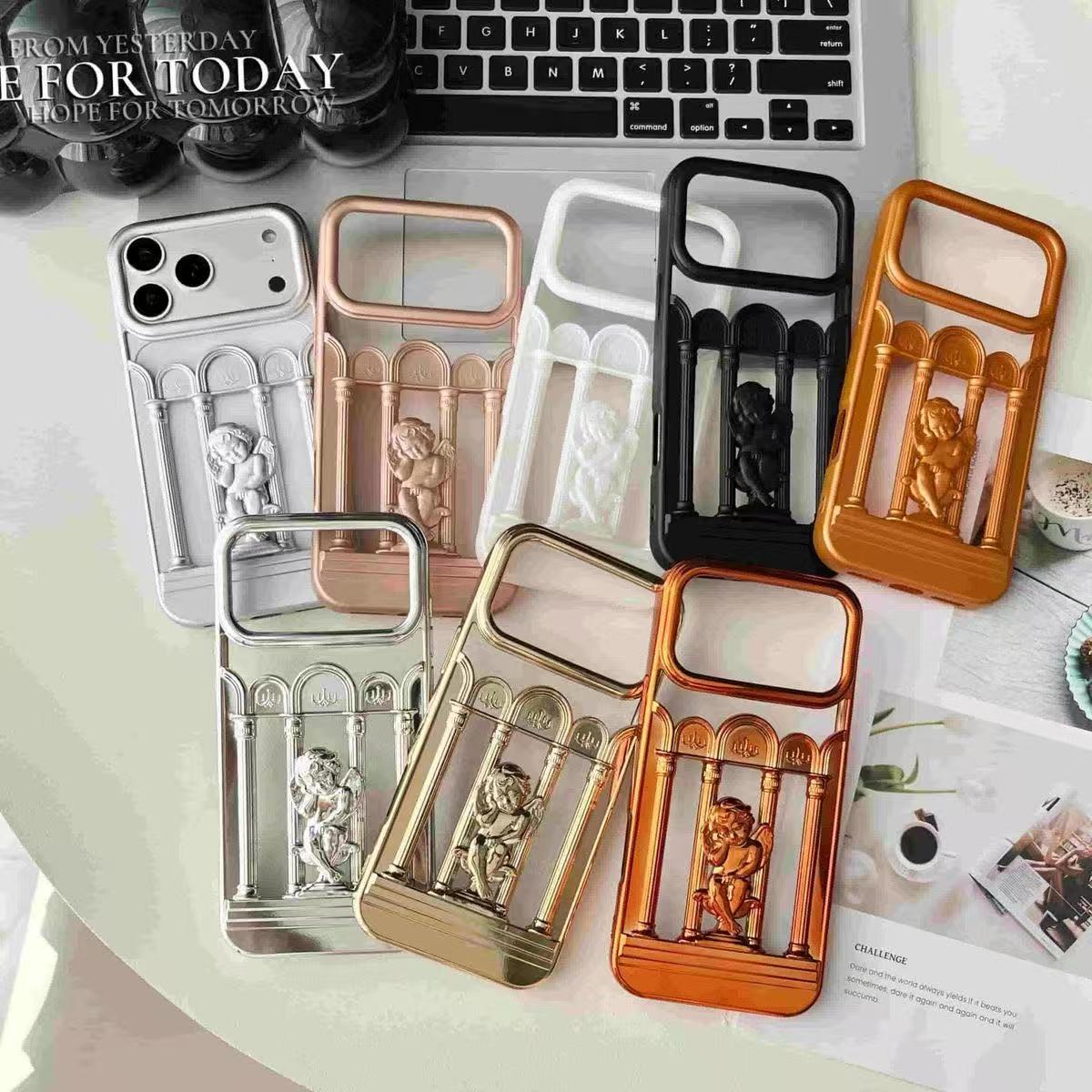 3D Hollow Angel phone case with raised angel grip, hollow-cut detail, vintage electroplated finish, and slim cover