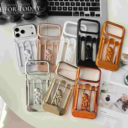 3D Hollow Angel phone case with raised angel grip, hollow-cut detail, vintage electroplated finish, and slim cover