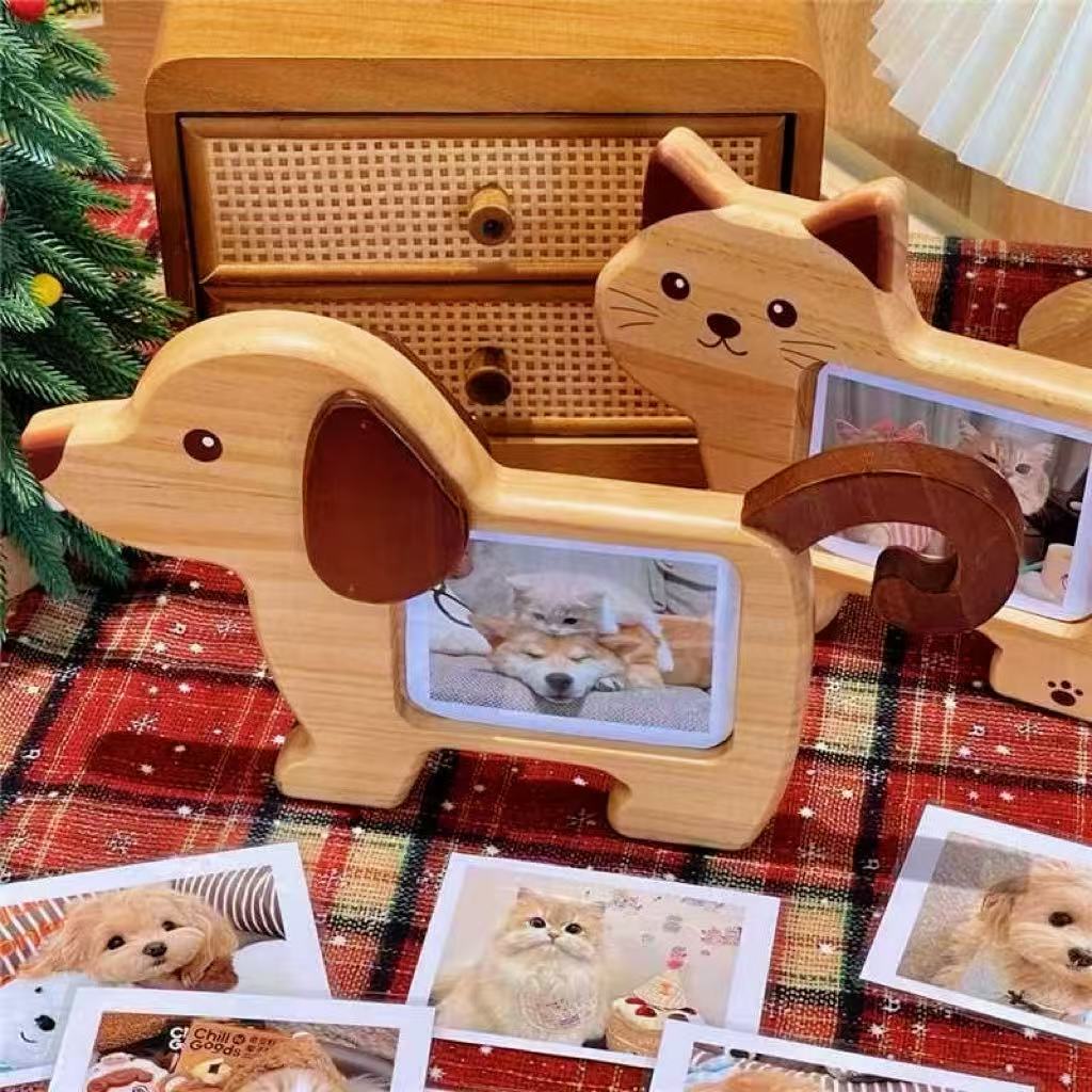 Personalized wooden cat and dog photo frame from Miniic Shop, custom pet memorial keepsake with a pet photo display.