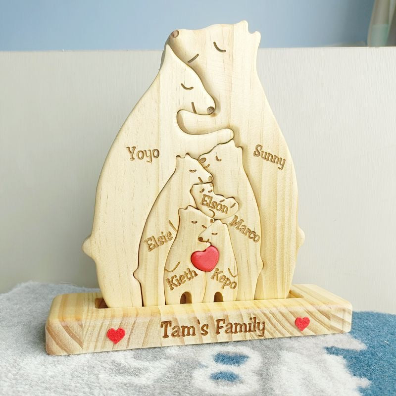 Custom Bear Cub Family Plaque by Miniic Shop featuring a carved bear cub family design on wood background.
