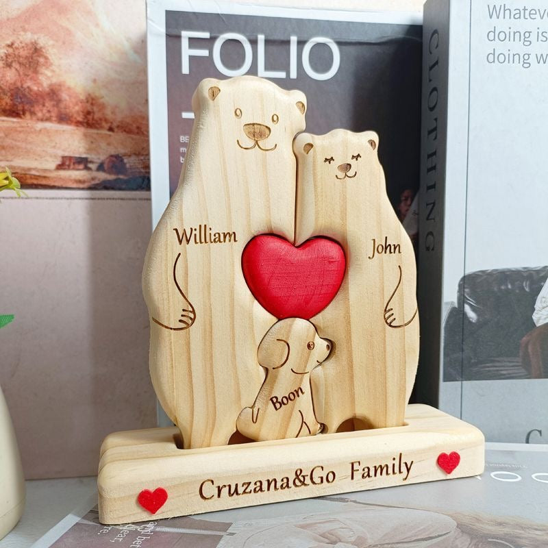 Custom Bear Family Plaque featuring engraved bear family figures and personalized text on a wooden background.