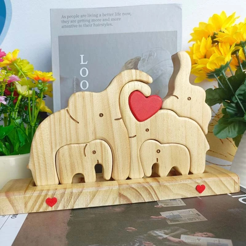 Custom elephant family wooden plaque by Miniic Shop featuring a carved elephant family design on natural wood surface.