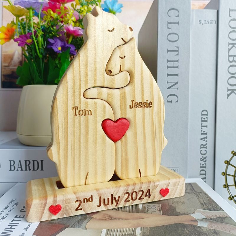 Custom Bear Cub Family Plaque in natural wood with 2 to 4 engraved bears and personalized family names