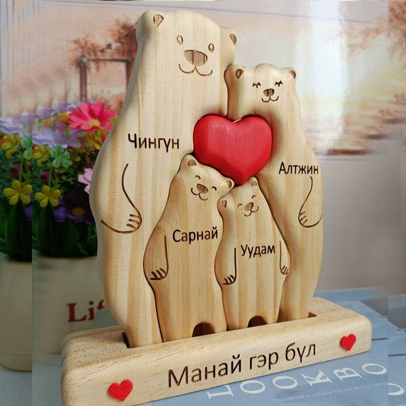Custom bear family wooden plaque with engraved bear family design, personalized with names, suitable for home decor.