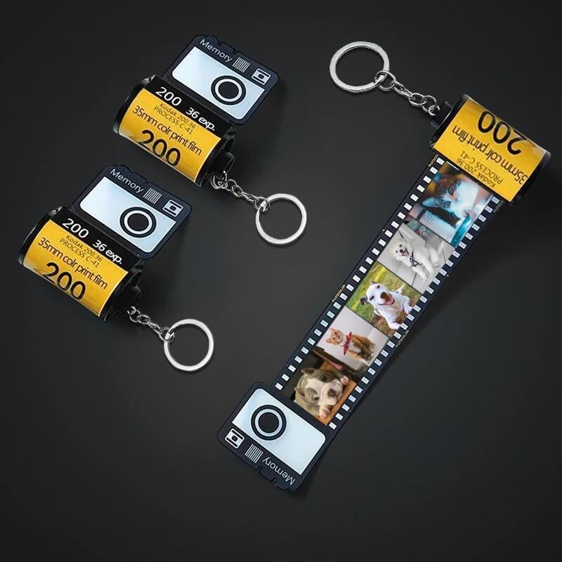 Custom Memory Film Roll Album with vintage film strip design, personalized photos, mini size, and gift box packaging