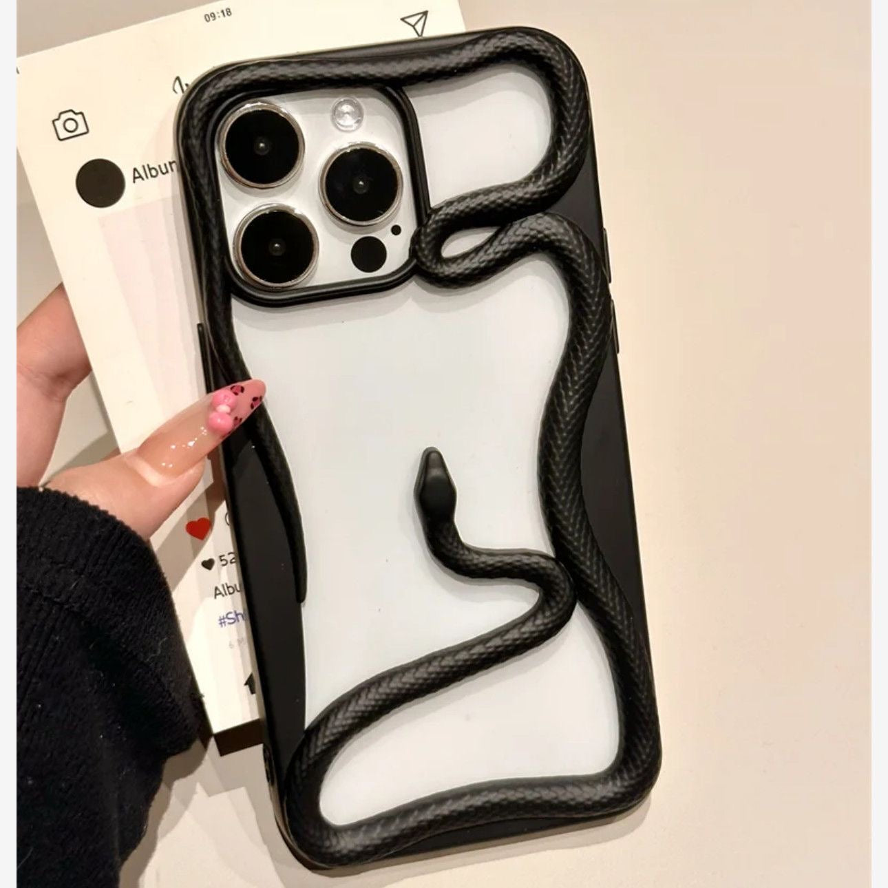 Miniic Shop 3D Snake Hollow phone case, ultra-thin and lightweight, designed for a bare feel, shown on a smartphone.