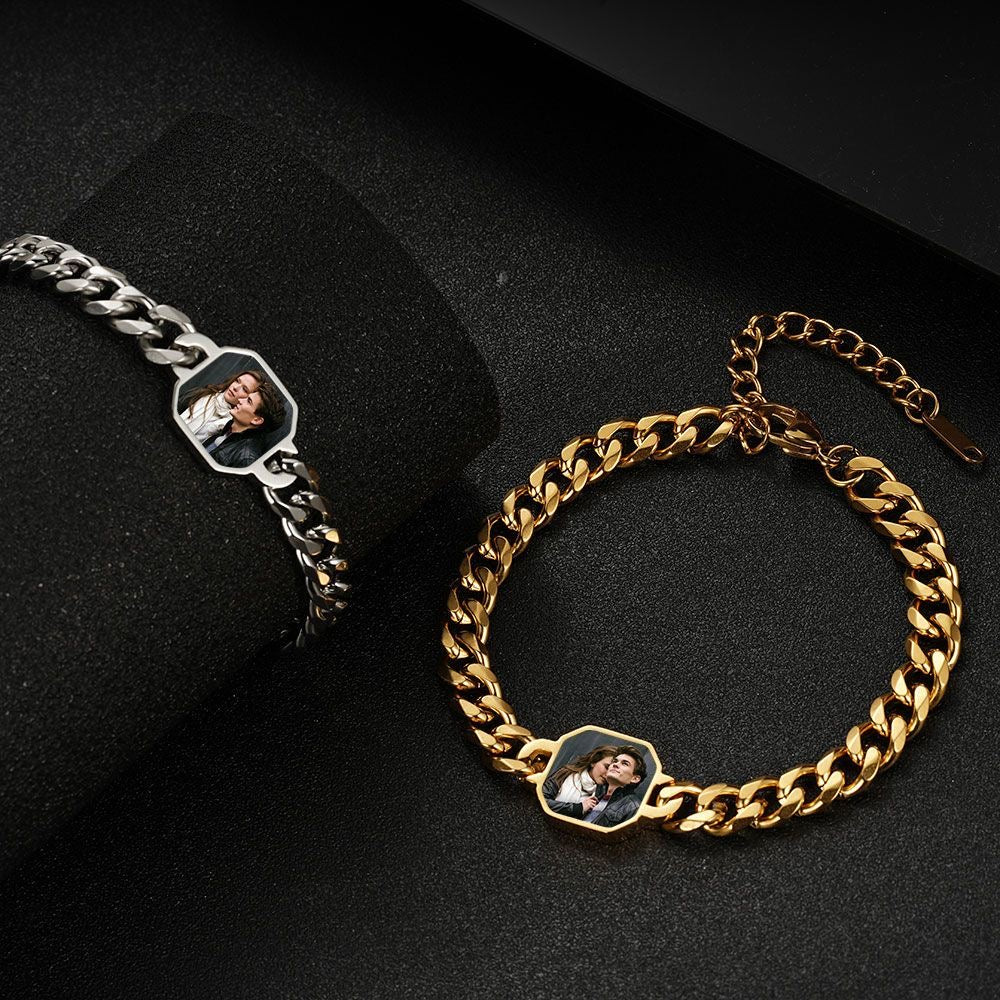 Personalized titanium steel photo bracelet with Cuban chain, featuring custom engravings and a sleek, modern design.