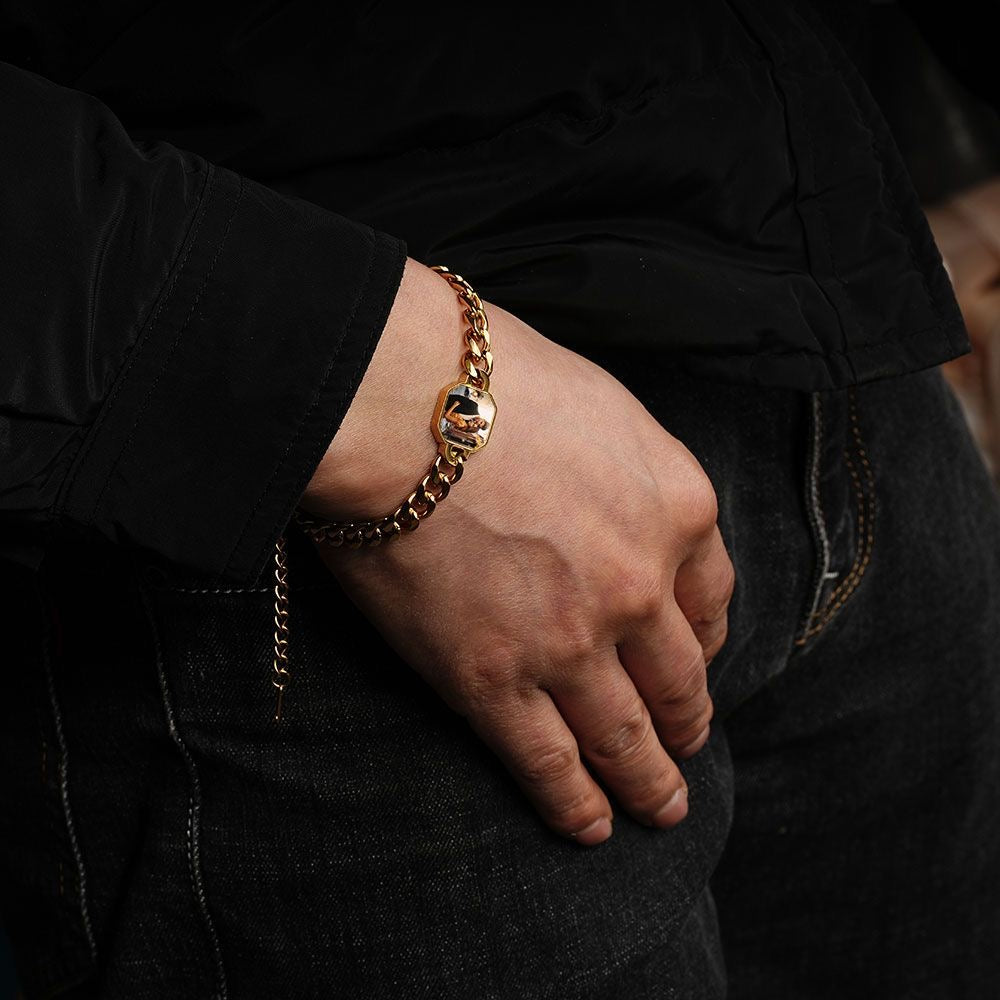 Personalized titanium steel Cuban chain bracelet with custom photo engraving, stylish men's jewelry by Miniic Shop.