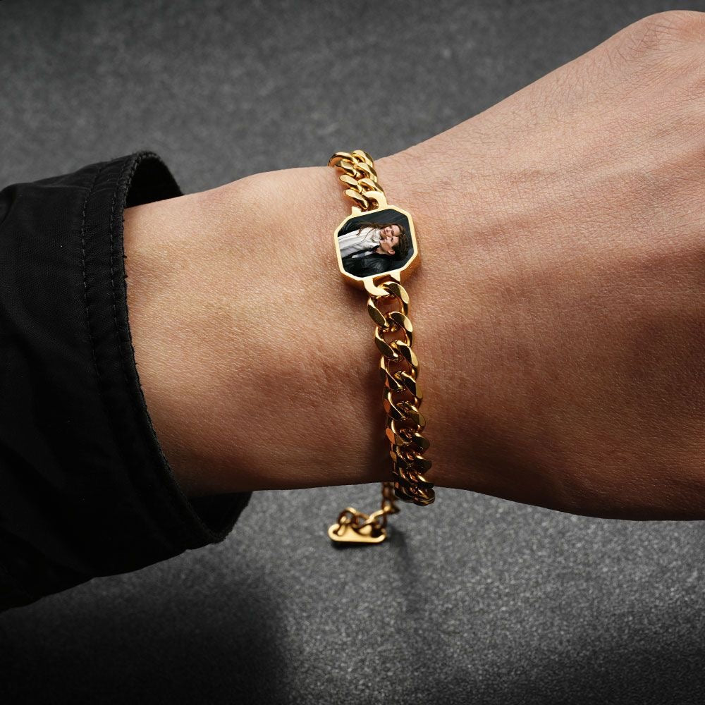 Custom personalized titanium steel photo bracelet with Cuban chain, featuring engraved photo design and sleek bracelet style.