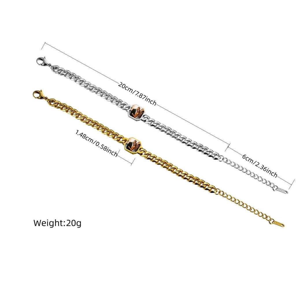 Personalized titanium steel Cuban chain bracelet with custom photo engraving, stylish and durable jewelry from Miniic Shop.