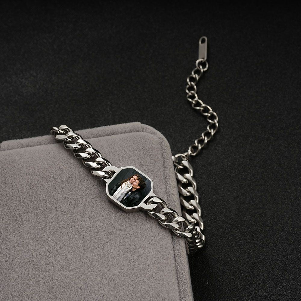 Custom personalized photo bracelet in titanium steel with a Cuban chain design, featuring engraved or inserted photo details.