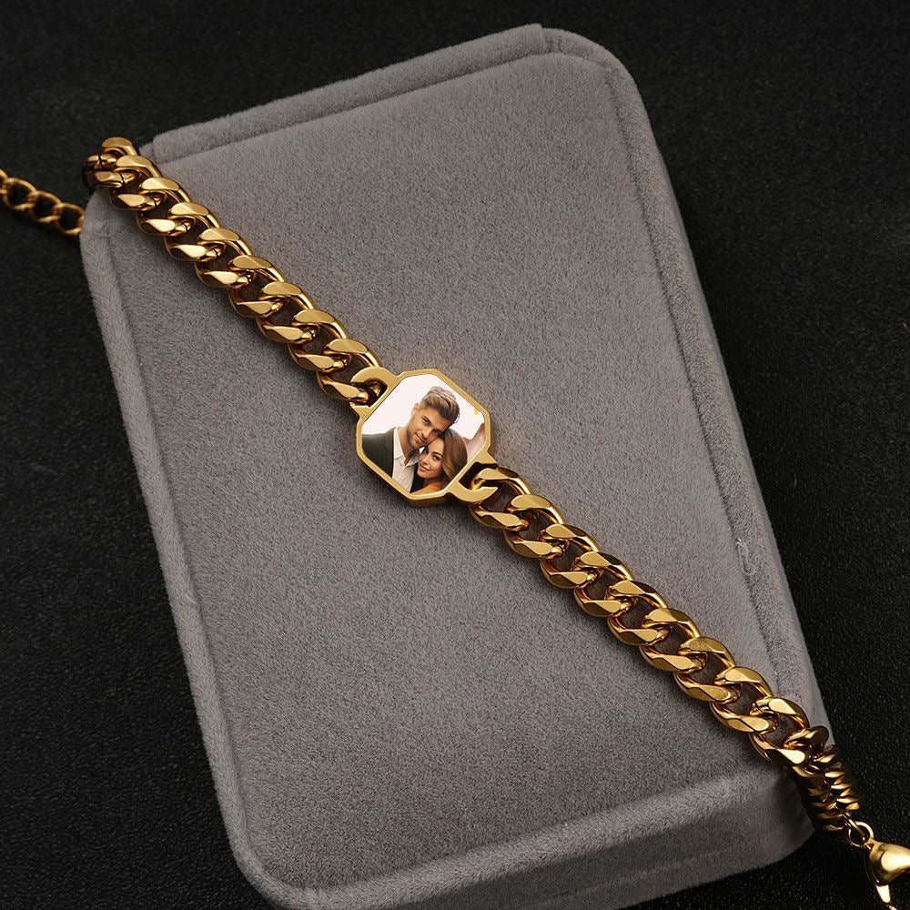 Personalized titanium steel Cuban chain bracelet with custom photo engraving, stylish and durable jewelry from Miniic Shop.