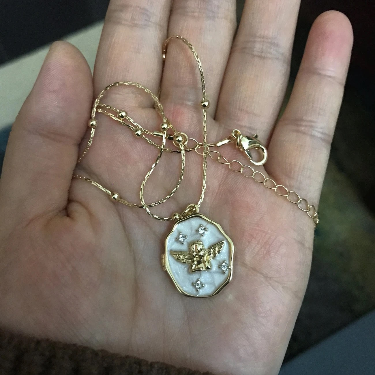 Custom Photo Angel Locket Necklace by Miniic Shop featuring a silver angel-shaped pendant with a personalized photo insert