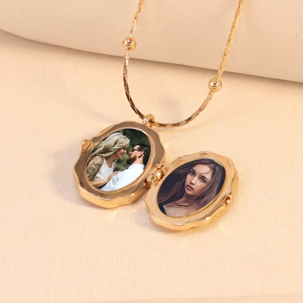 Custom photo angel locket necklace from Miniic Shop featuring a silver-toned pendant with an angel design and space for a personal photo.