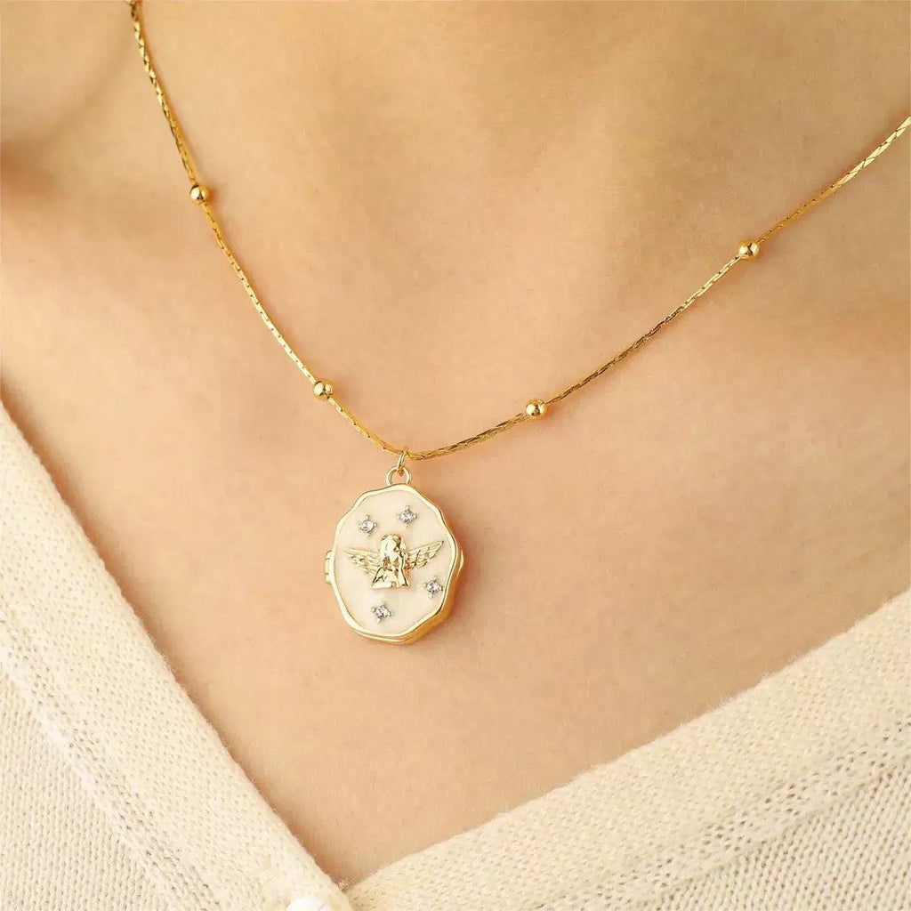 Custom photo angel locket necklace by Miniic Shop, featuring a silver pendant with a personalized photo insert and angel design.