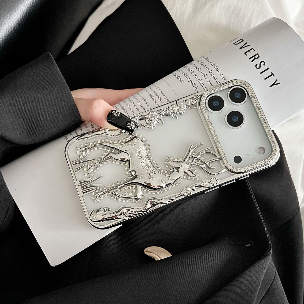 Gold 3D elk hollow phone case by Miniic Shop, electroplated protective cover with intricate elk design and 3D hollow details.