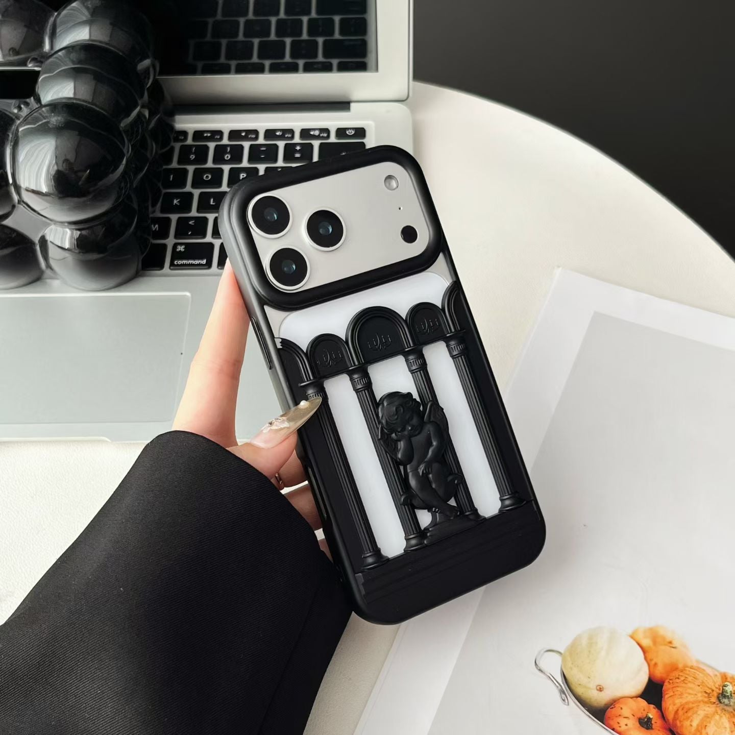Vintage metal figure bracket phone case by Miniic Shop, featuring an anti-scratch protector and decorative metal design.