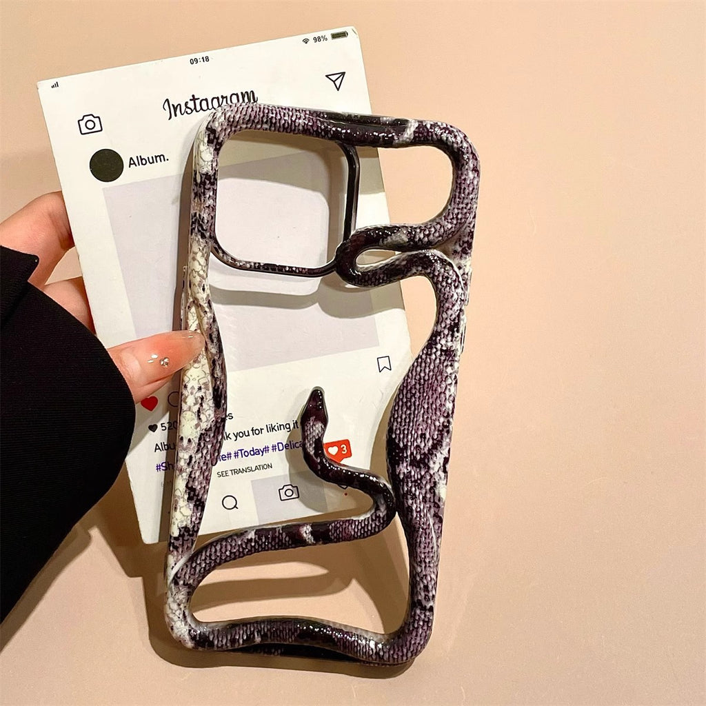 Snake print hollow out phone case with wavy frame design, aesthetic cover by Miniic Shop, featuring a stylish reptile pattern.