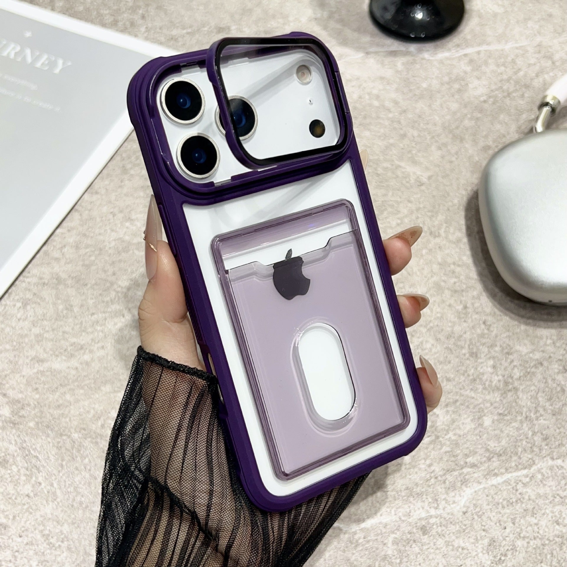 Clear Miniic Shop iPhone case with card slot and kickstand, showing the transparent design and functional features.