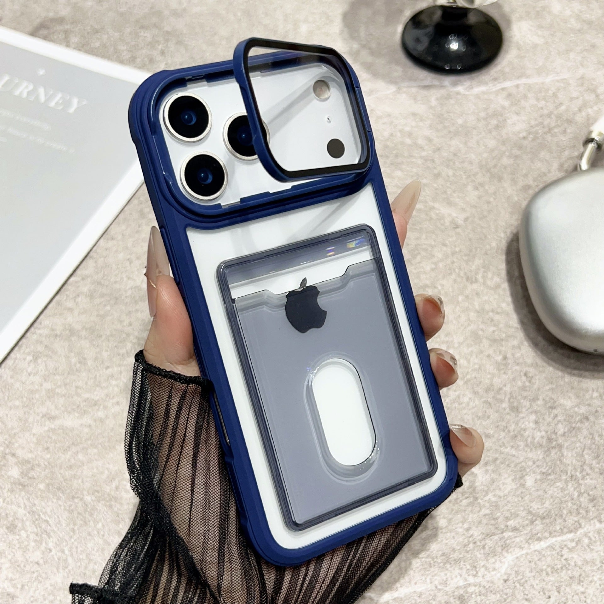 Clear Miniic iPhone case with card slot and kickstand, showing sleek, transparent design and functional features for iPhone.