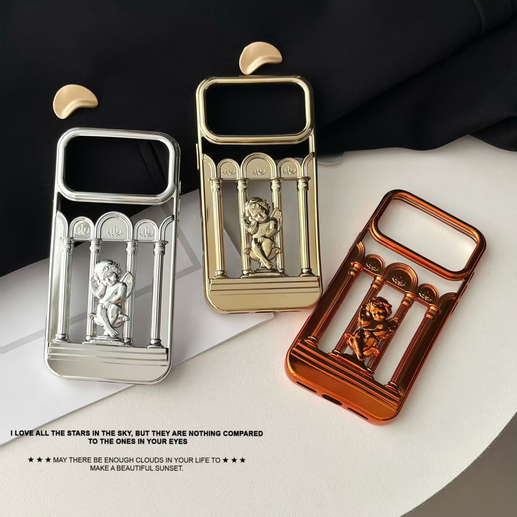 Vintage metal figure bracket phone case by Miniic Shop with anti-scratch protector, showcasing the decorative metal design.