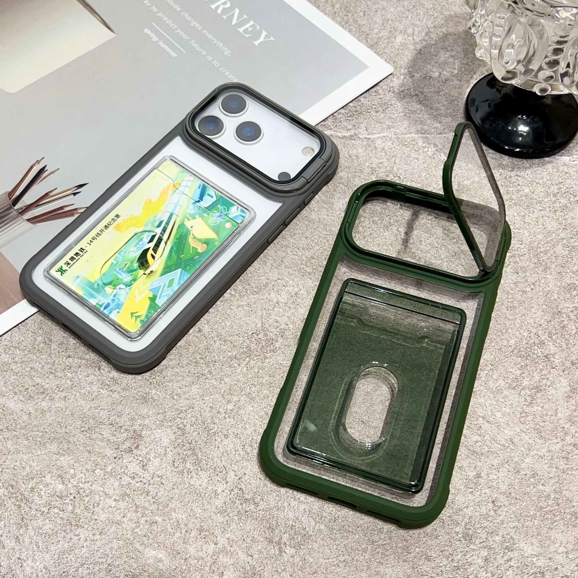Clear Miniic iPhone case with card slot and kickstand, showing the transparent design and functional features on an iPhone.