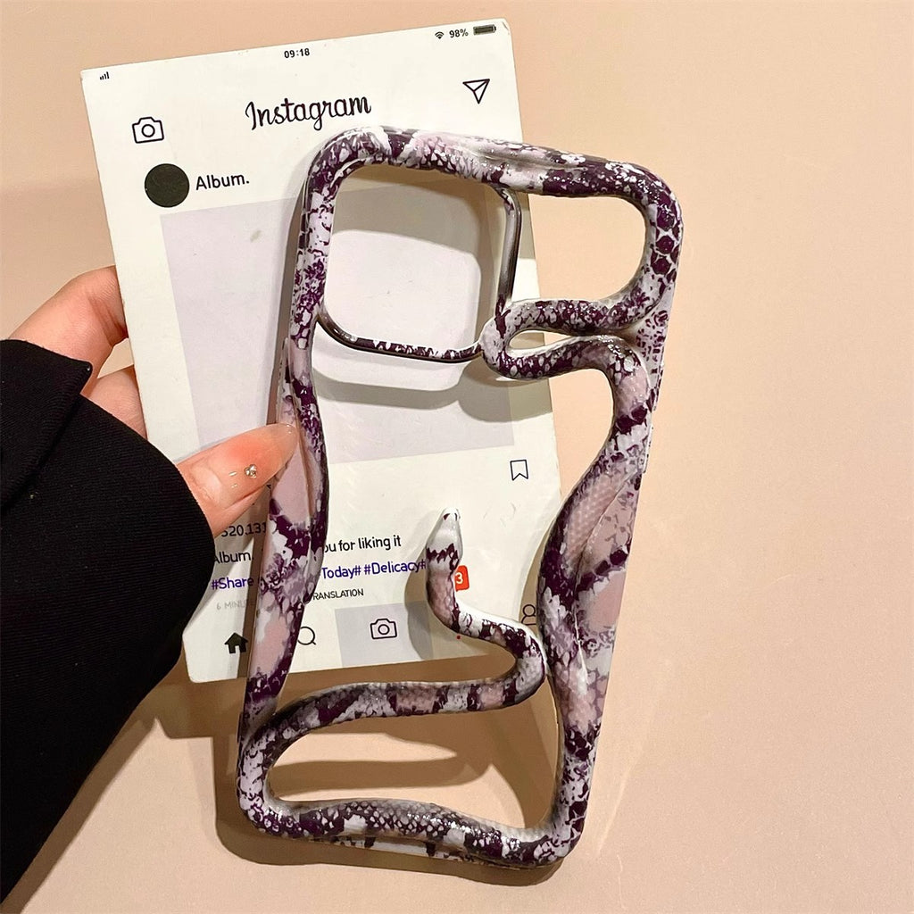 Snake print hollow out phone case with wavy frame design by Miniic Shop, showcasing a stylish, transparent cover for a smartphone.