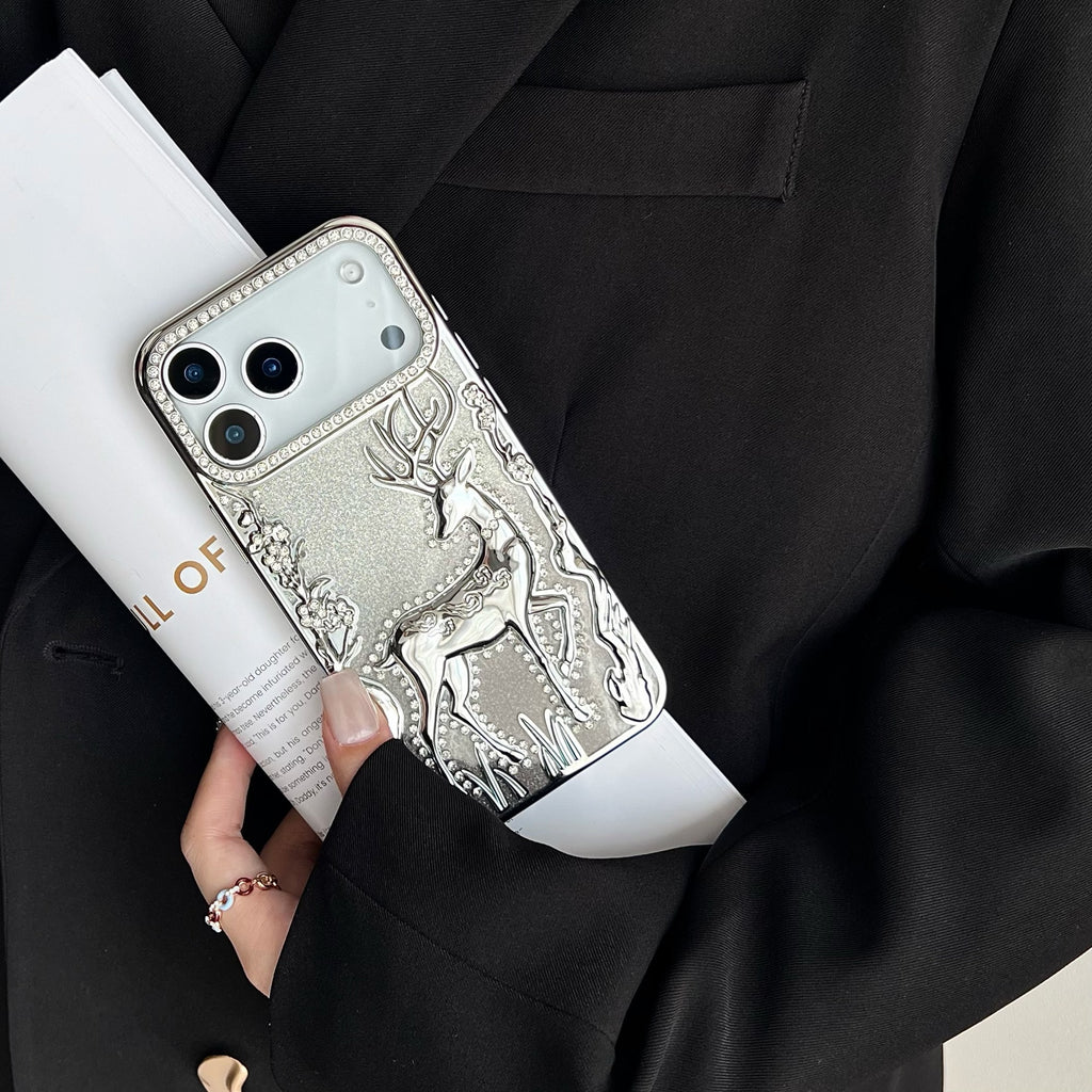 Gold 3D elk hollow phone case by Miniic Shop, electroplated protective cover with intricate elk design and 3D detailing.