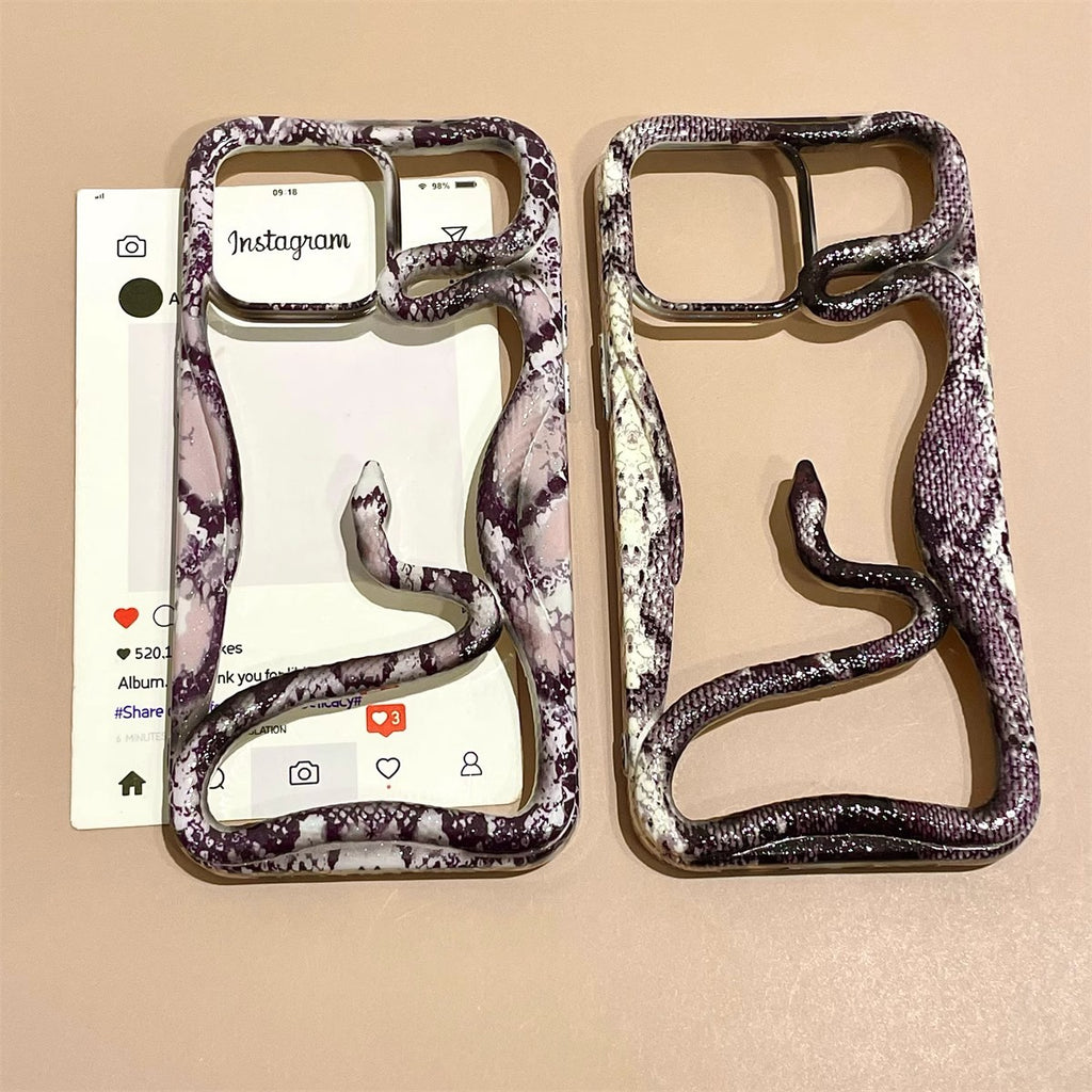 Snake print hollow out phone case with wavy frame design, stylish aesthetic cover by Miniic Shop.