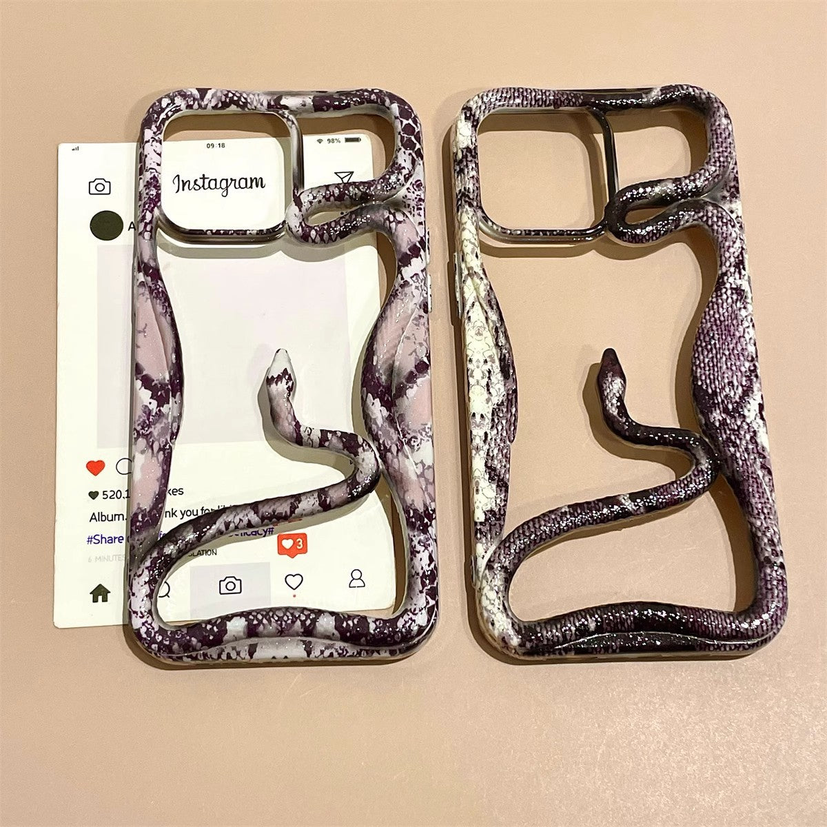 Snake print hollow out phone case with wavy frame design, stylish aesthetic cover by Miniic Shop.