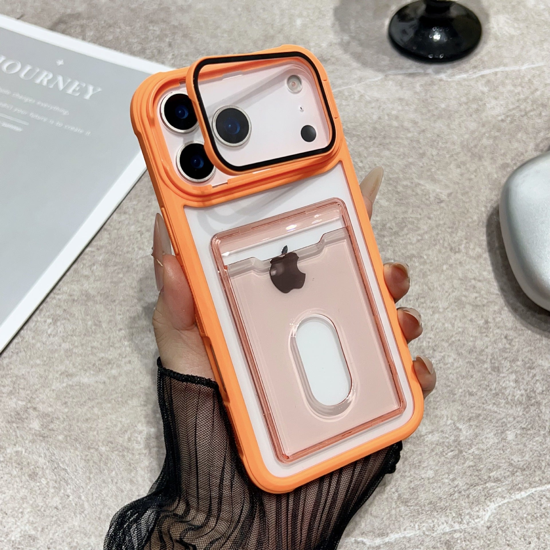 Clear Miniic iPhone case with card slot and kickstand, showing the transparent design and functional features for iPhone.