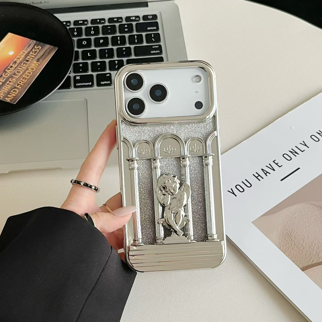 Vintage metal figure bracket phone case by Miniic Shop with anti-scratch protector, showcasing a durable, decorative protective cover.