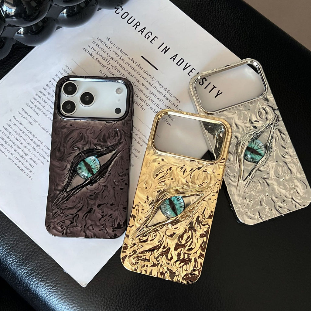 Miniic Shop 3D Evil Eye textured phone case with shockproof design, featuring vibrant blue and black eye pattern for iPhone or Android.