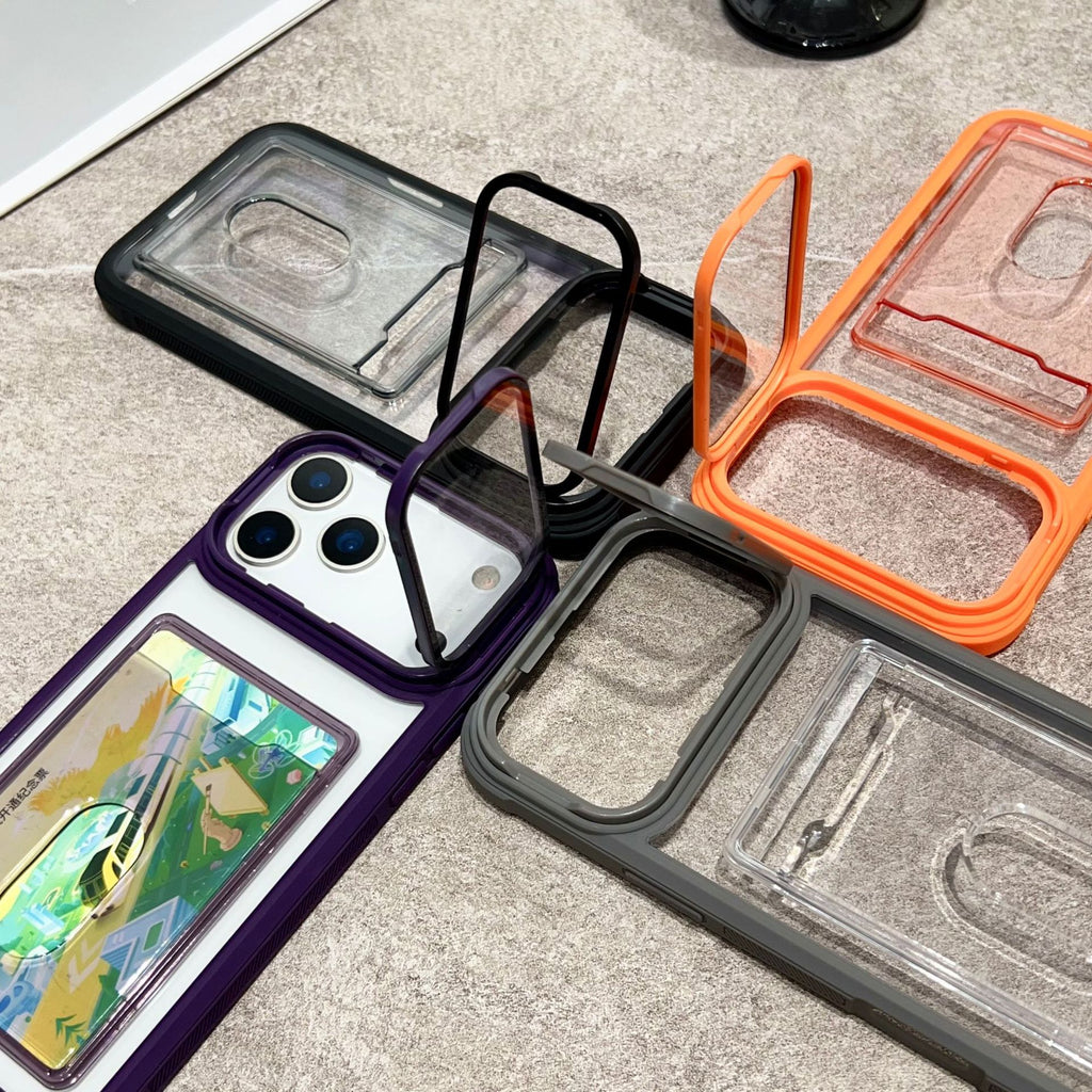 Clear Miniic iPhone case with card slot and kickstand, showing the slim design and transparent material for easy access and protection