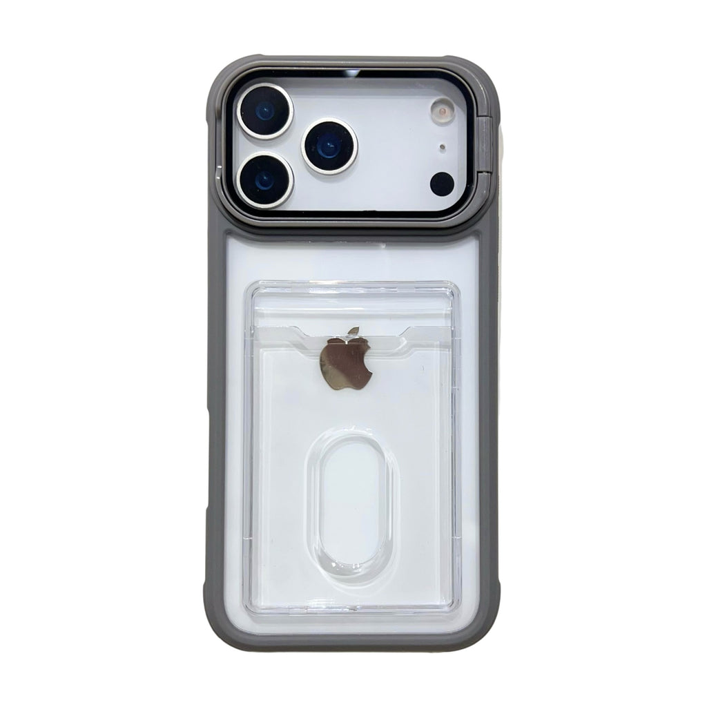 Clear Miniic iPhone case with card slot and kickstand, showing the transparent design and functional features for iPhone protection