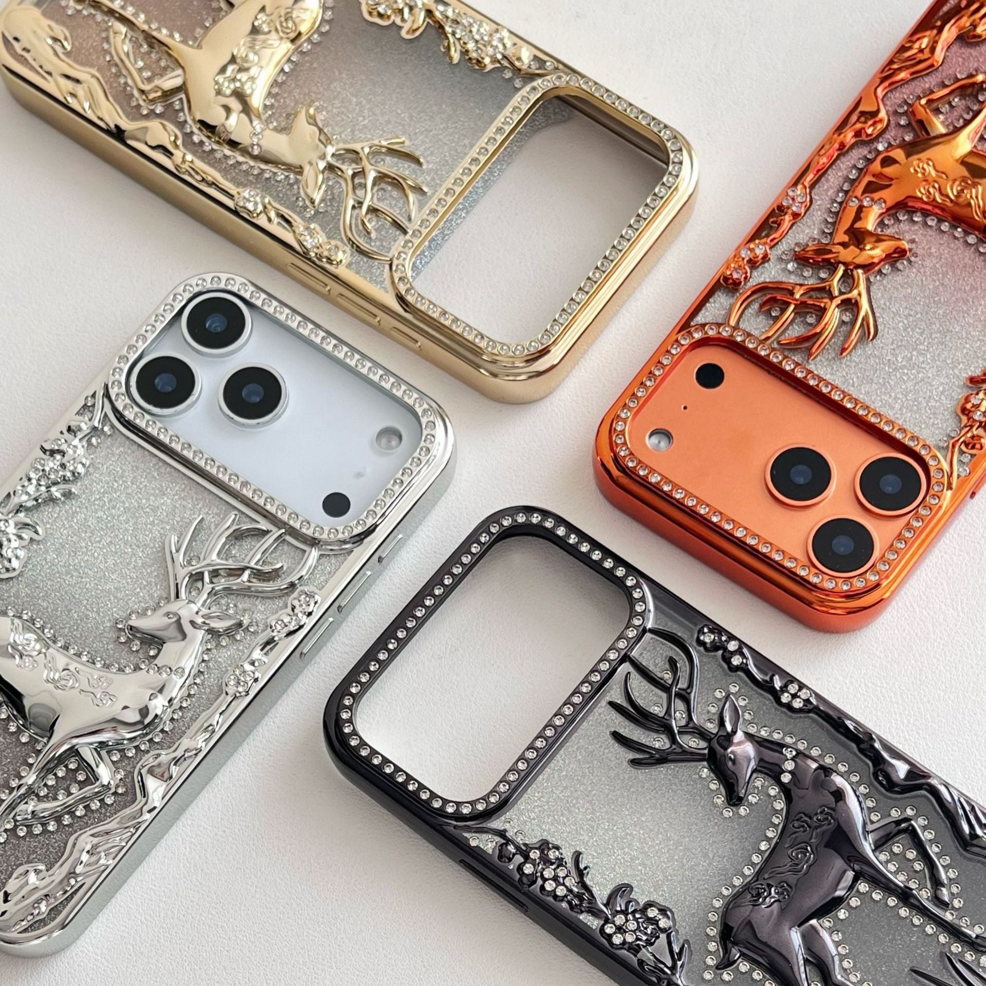 Gold 3D Elk Hollow phone case by Miniic Shop with electroplated finish, featuring a detailed elk design, protective cover for smartphones.