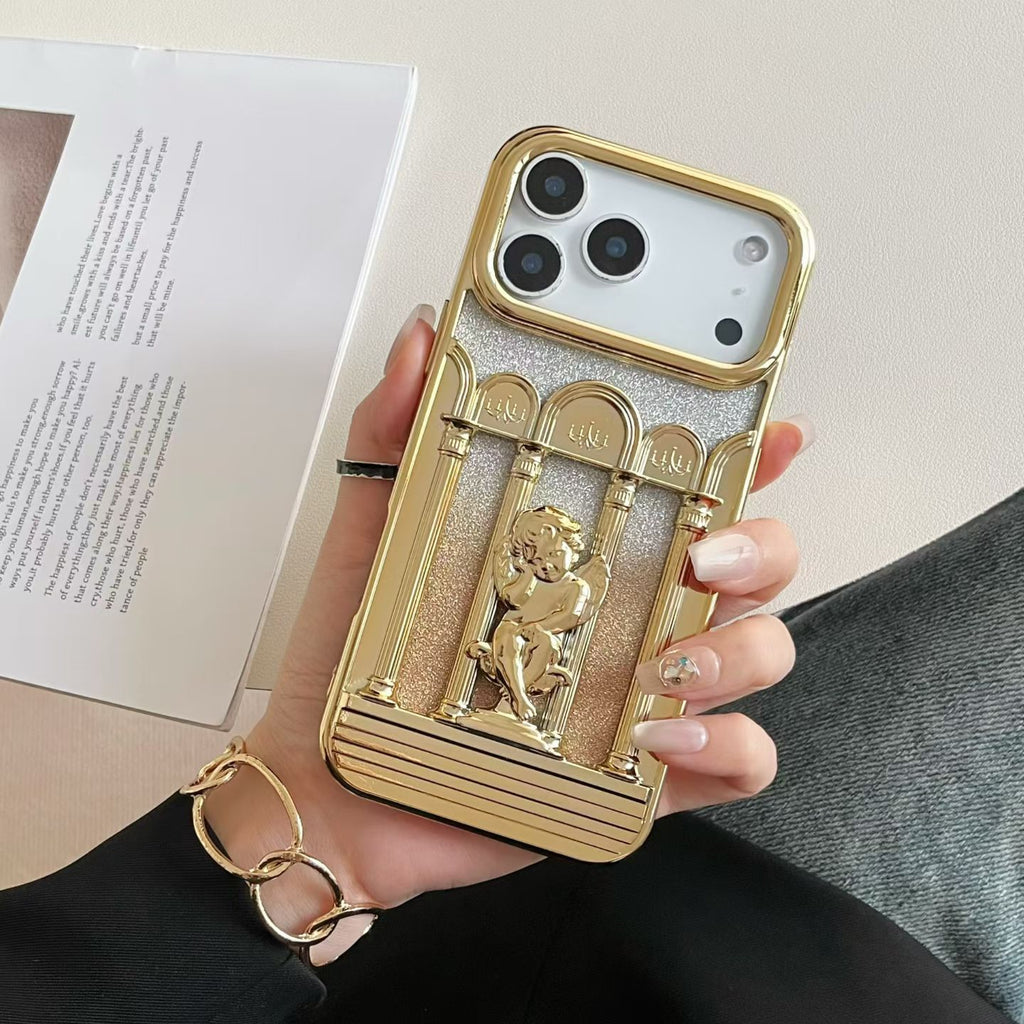Vintage metal figure bracket phone case by Miniic Shop with anti-scratch protector, featuring a detailed metallic sculpture design.