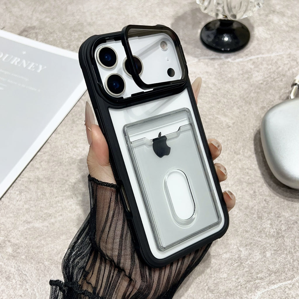 Clear Miniic Shop iPhone case with card slot and kickstand, showing snug fit and transparent design for easy access and protection.