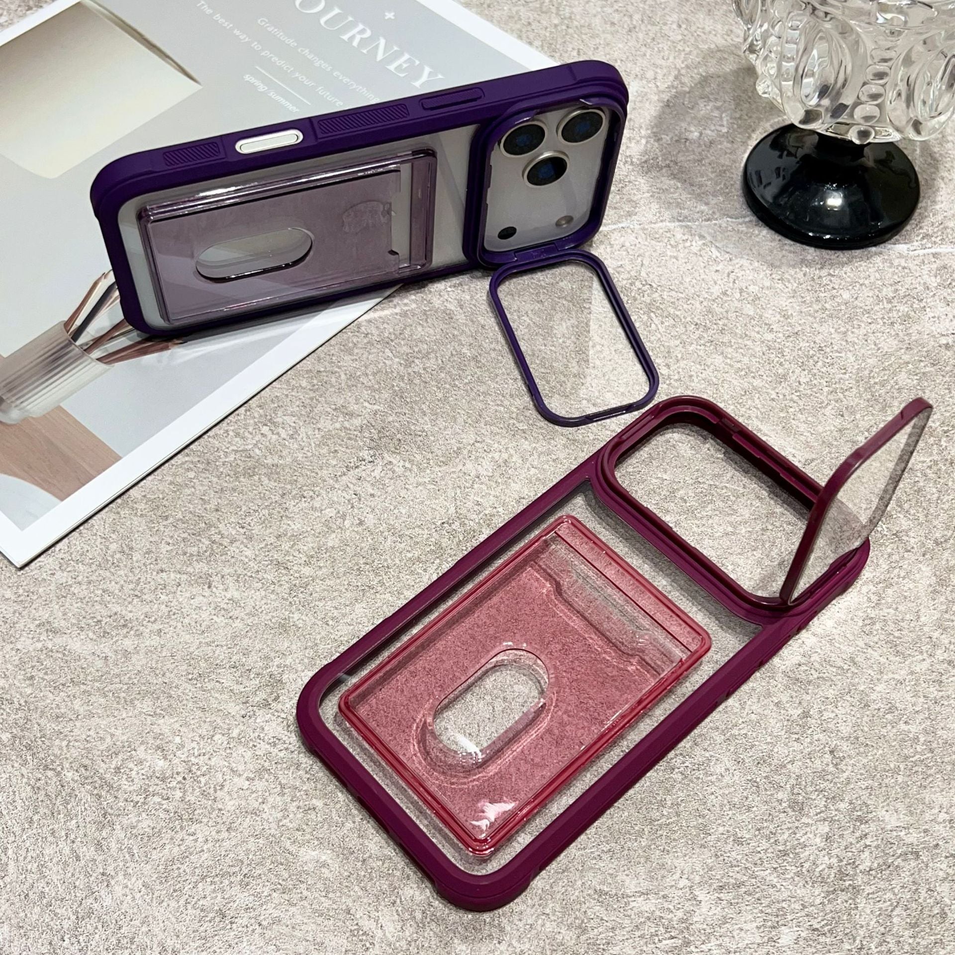 Clear Miniic iPhone case with card slot and kickstand, showing its transparent design and functional features.