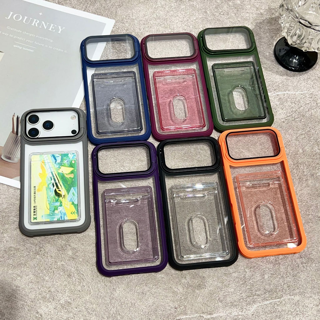 Clear iPhone case with card slot, flip kickstand camera cover, acrylic back, and soft bumper edges