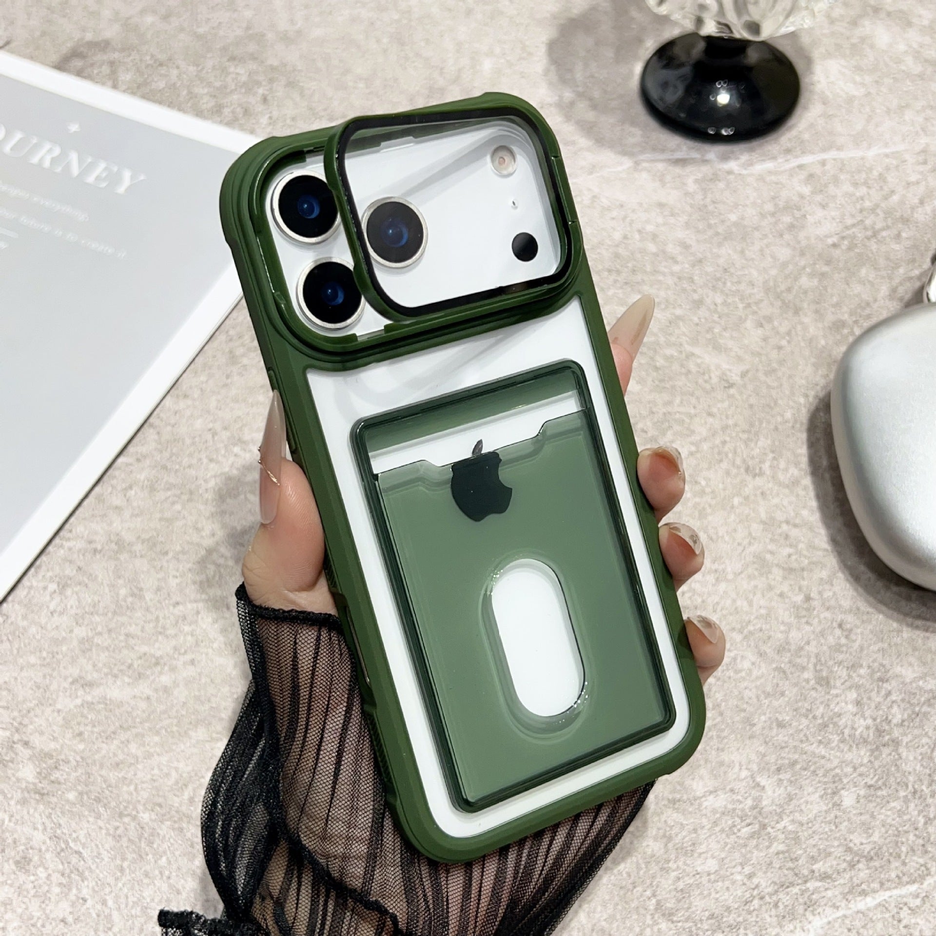 Clear Miniic iPhone case with card slot and kickstand, showing the transparent design and functional features.