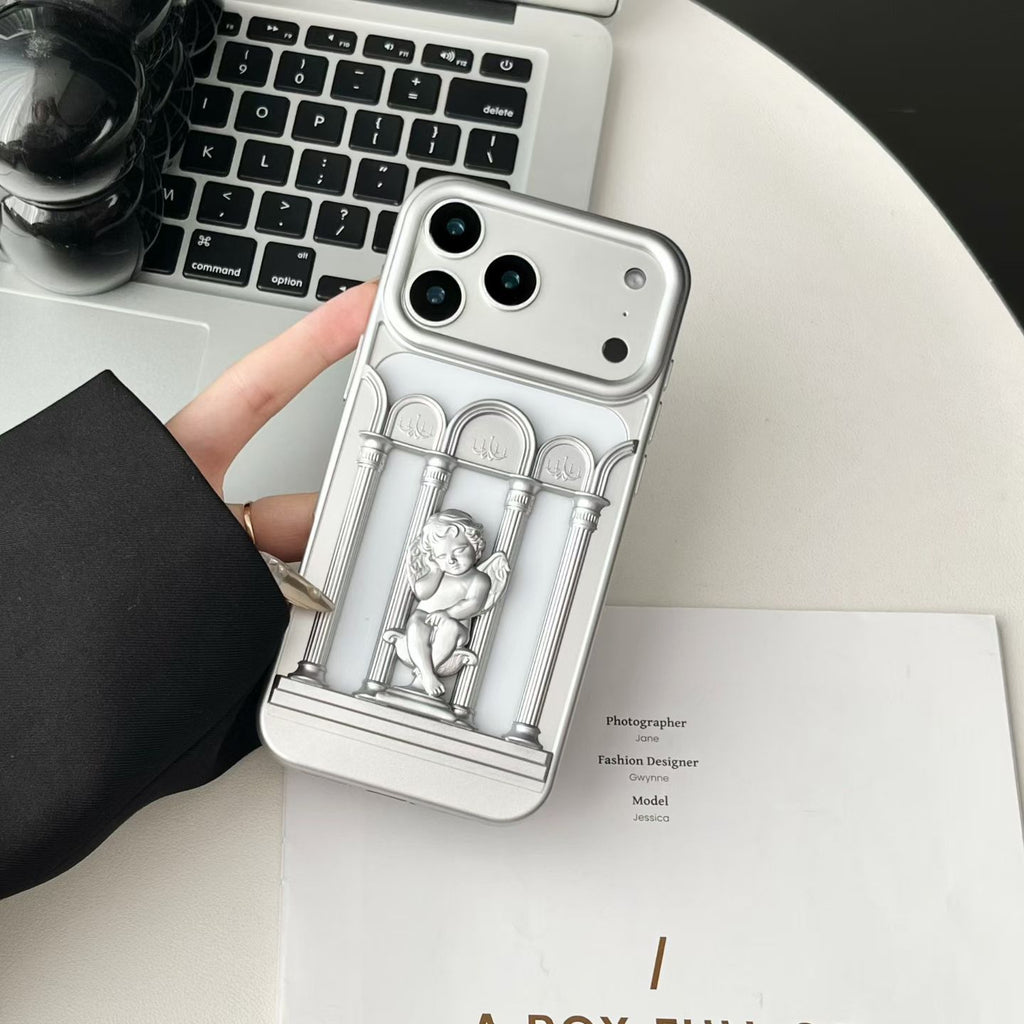 Vintage metal figure bracket phone case by Miniic Shop with anti-scratch protection, featuring a detailed metal figure design.