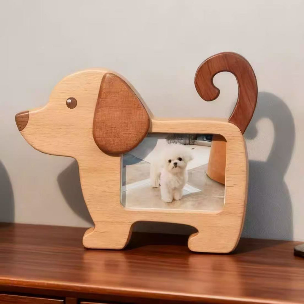 Personalized wooden cat and dog photo frame for pet memorial keepsake, featuring custom engraving and natural wood finish.