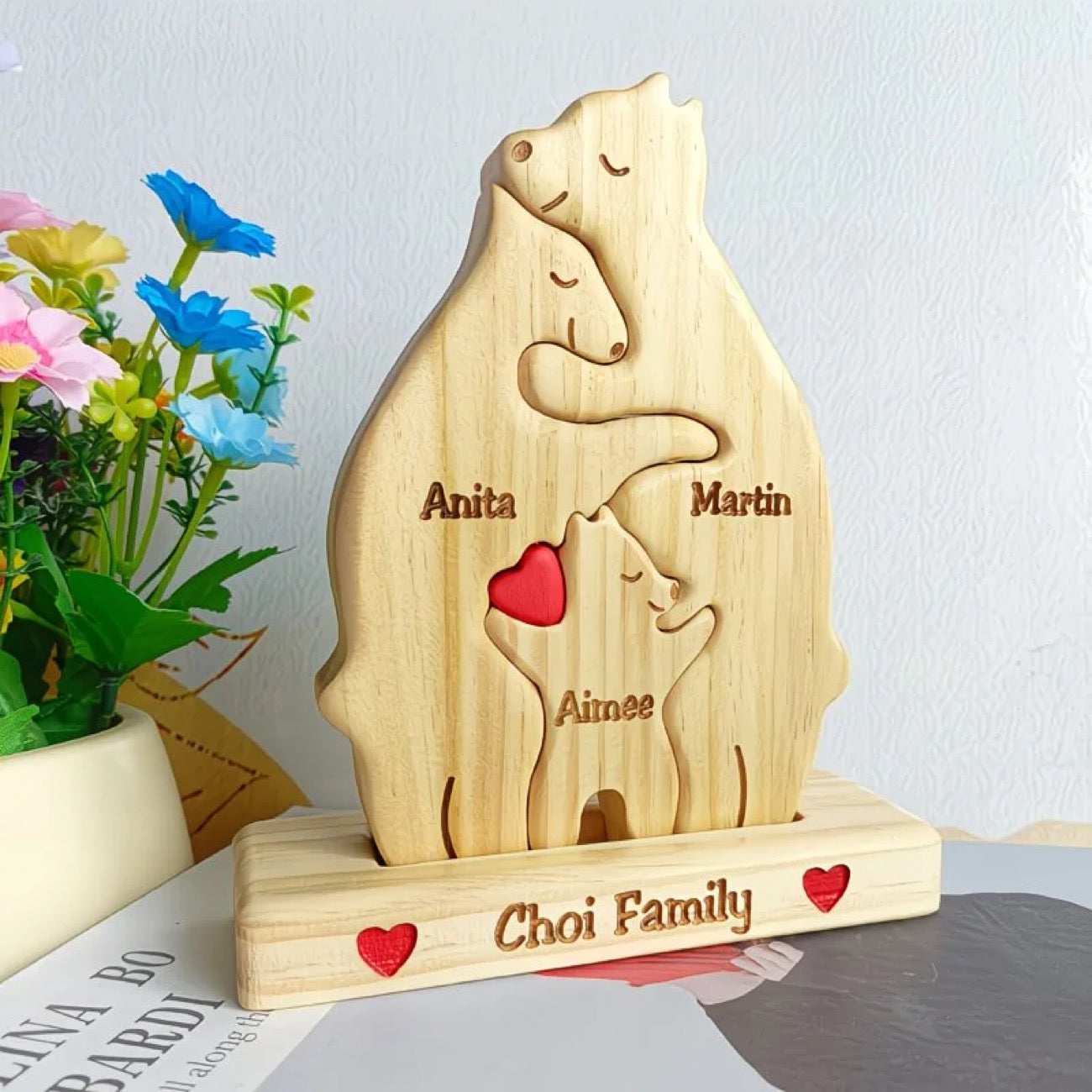 Custom bear cub family plaque by Miniic Shop featuring a charming engraved design of a bear family on a wooden plaque.