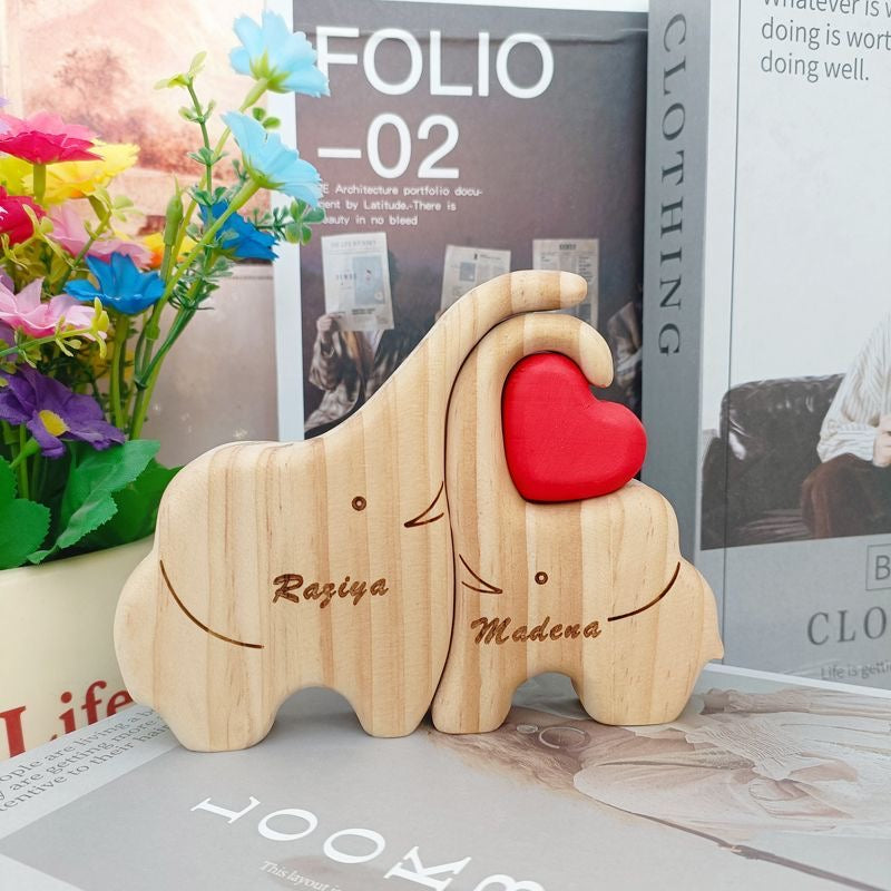 Custom Elephant Family Plaque in natural wood with 2 to 5 engraved elephant figures and personalized family names