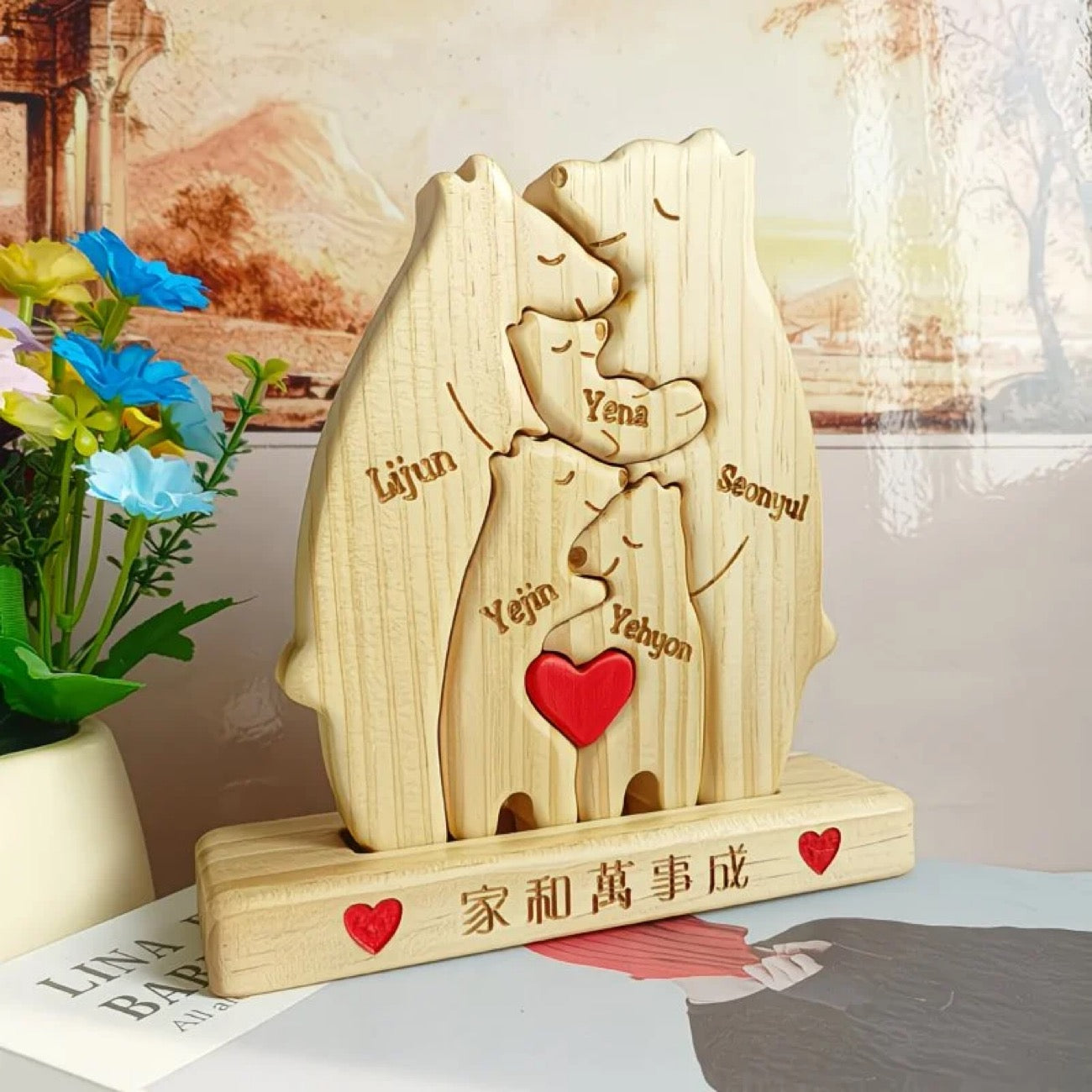 Custom bear cub family wooden plaque with engraved names and adorable bear illustrations, perfect for personalized home decor.
