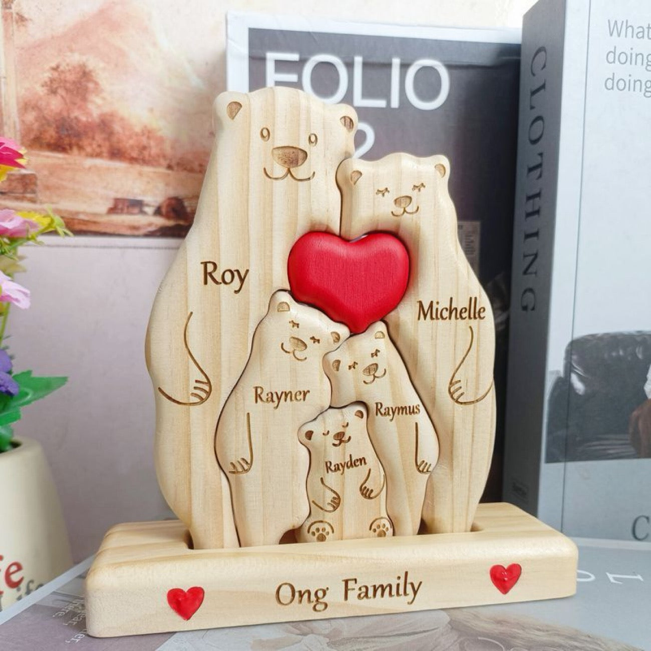 Custom bear family plaque by Miniic Shop featuring a personalized wooden design with bear illustrations for home decor.