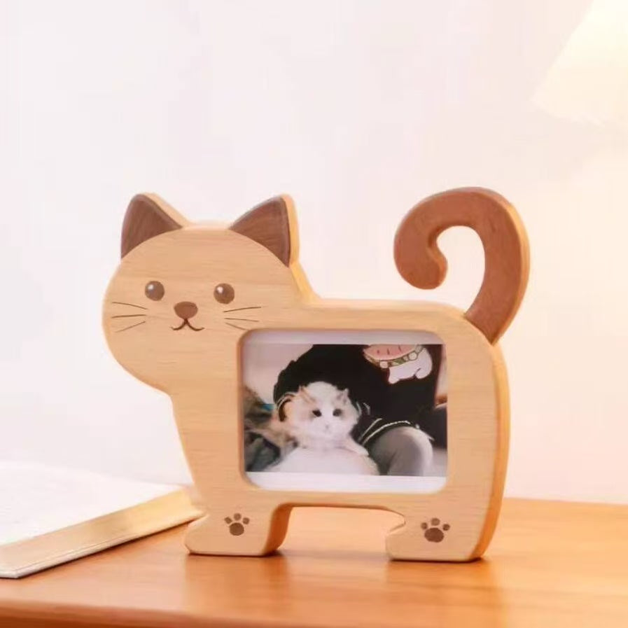 Personalized wooden photo frame for cats and dogs, custom pet memorial keepsake with engraved pet photo display.