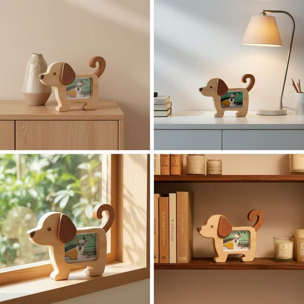 Personalized wooden photo frame for cats and dogs, custom pet memorial keepsake, featuring a dog and cat illustration and space for a photo.